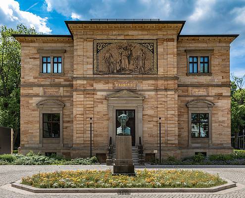 Exterior view of the Wahnfried, villa of Wagner in Bayreuth, Baviera • VogelSP - adobe photo stock Exterior view of the Wahnfried, villa of the famous musician, composer Wilhelm Richard Wagner, with the status of Ludwig II in front, king of Bavaria, in Bayreuth, Bavaria, Germany