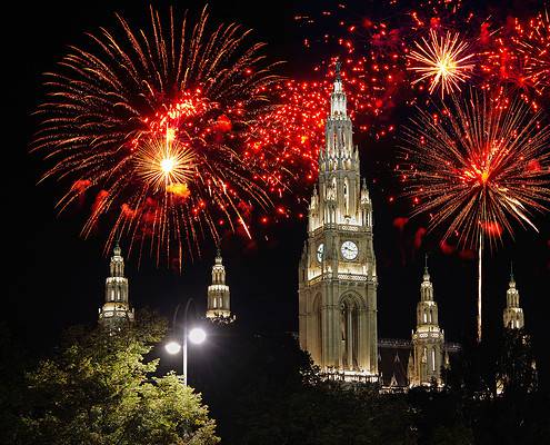 Vienna City Hall with fireworks in the background
