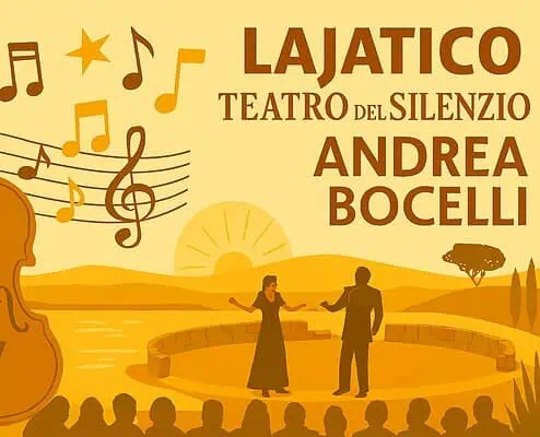 Bocelli Toskana Musikreise (4 Tage) Andrea Bocelli Teatro del Silenzio|Sanfte Hügel der Toskana mit Zypressen und eine kleine Stadt im Morgennebel.|Wein- und Käseverkostung an der Stadtmauer von Volterra|Straßen von Greve in Chianti in der Toskana