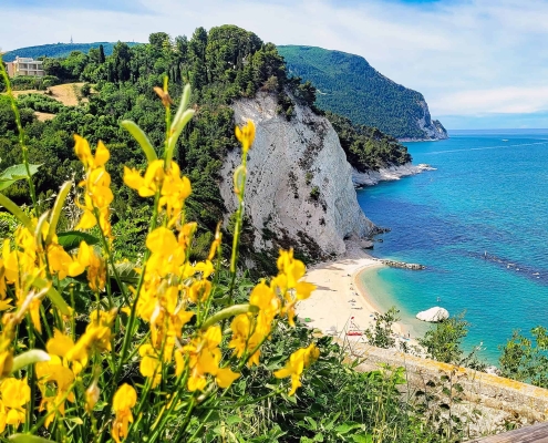 Close-up view of the white limestone cliffs of Mount Conero overlooking hidden bays and the Adriatic Sea.