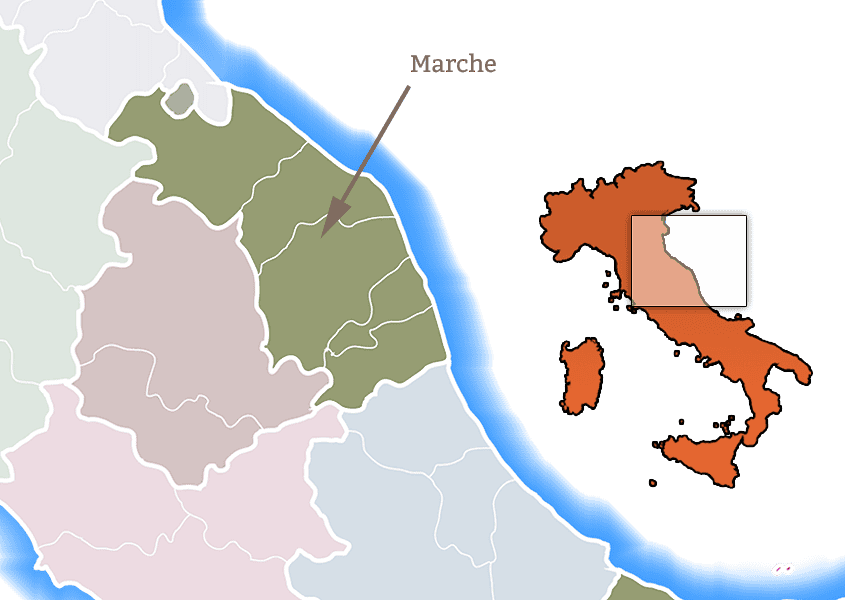 Map of the Marche Region in Italy Map of Italy highlighting the Marche region (Italy) in green along the Adriatic coast.