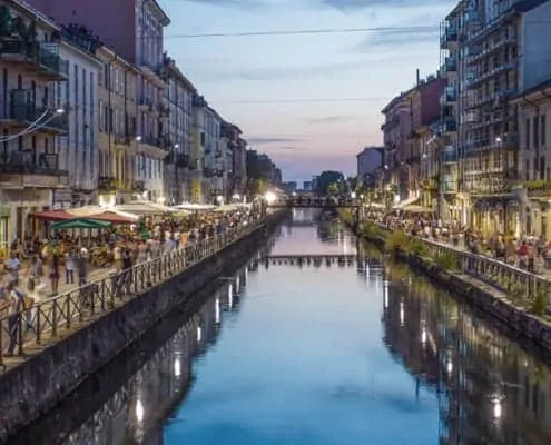 The Navigli district of Milan is known for its bars, shops, and art galleries
